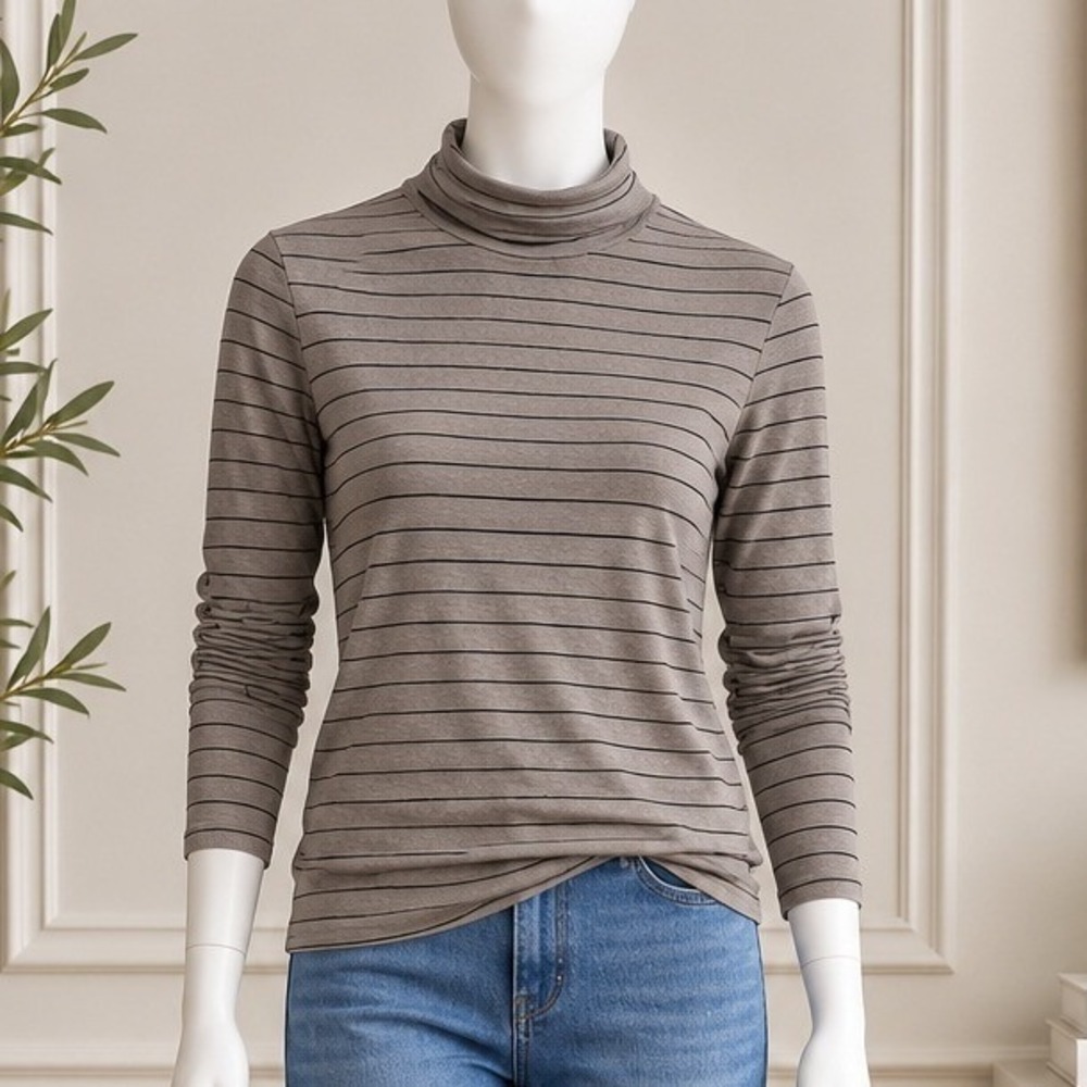 Eddie Bauer Womens Top Mock Neck Striped Long Sleeve Brown Black Size Large